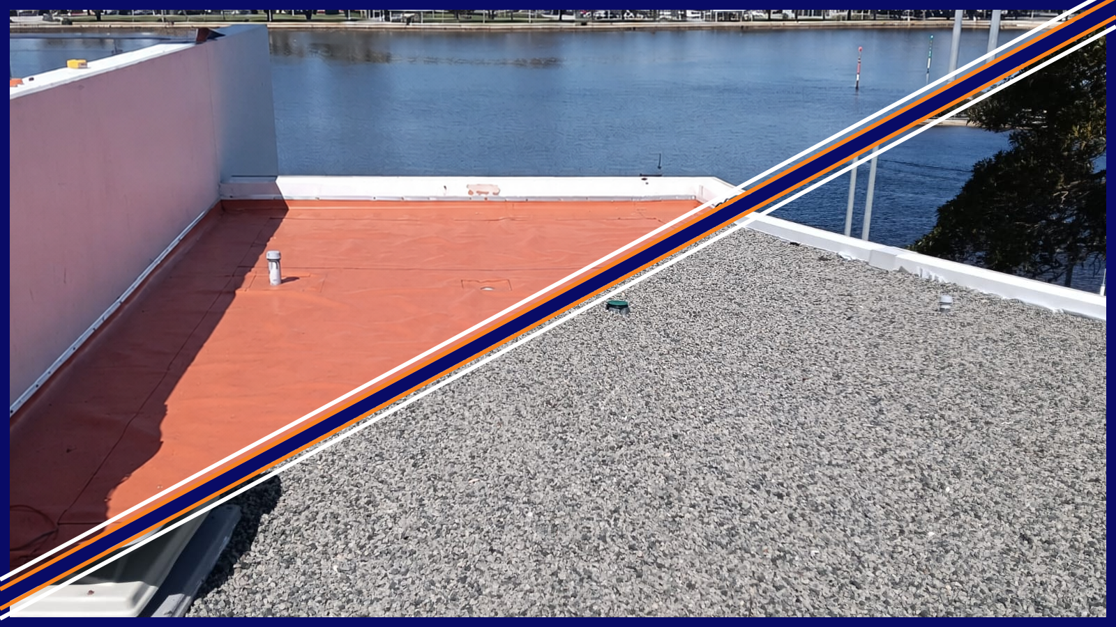 Waterproofing membrane installation transitioning to the completed protected roof